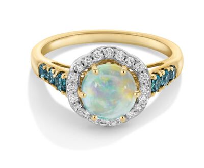 JK Crown® Brilliant-Cut Moonstone Pink Tourmaline London Blue Topaz Diamond Ring in 10k Yellow Gold